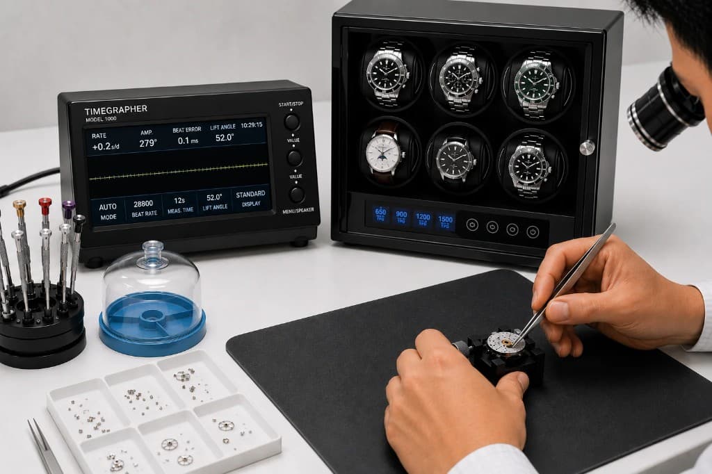 Watchmaker inspecting a movement at the desk